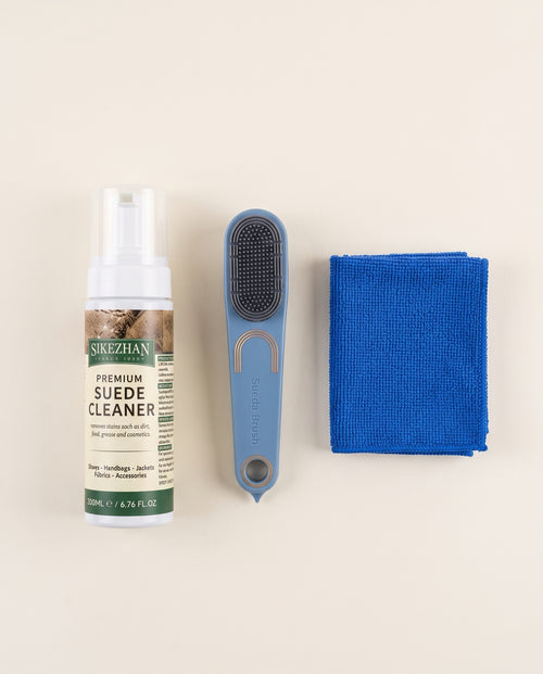Kit KleanKicks : flacon nettoyant SIKEZHAN, brosse bleue double face et chiffon bleu